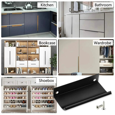 Back Mount Finger Edge Pull 80mm Black Aluminum Alloy Hidden Concealed Tab Handle shown in various furniture setups