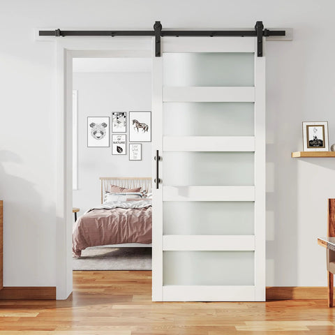 36 Inch By 84 Inch Glass Barn Door Slab In White MDF With Frosted Glass PVC Surface Includes Six Point Six Feet Hardware Kit Door Handle And Floor Guide DIY Friendly And No Fuss Ready To Install installed in modern bedroom interior