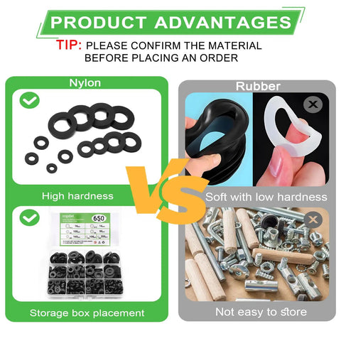 Image comparing nylon washers with rubber, highlighting the 650 Piece Nylon Flat Washer Set Black Plastic Washers Assortment For Screws And Bolts 7 Sizes M3 To M12 DIY Friendly Must Have For Home And Commercial Use Durable Versatile Hardware Kit.