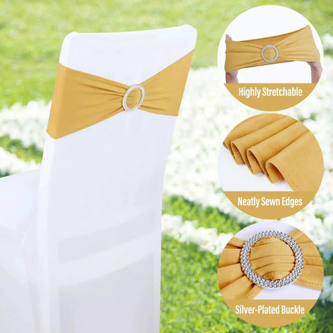 Gold Spandex Chair Sashes 30 Piece With Sliders For Wedding Banquet Decor shown on chair with stretch fabric and decorative buckle.