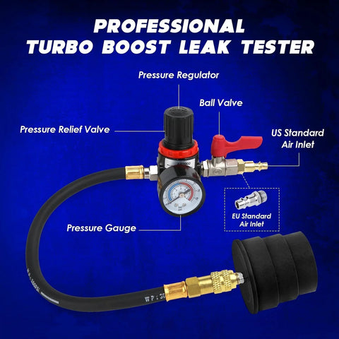 Turbo System Leakage Tester Kit For Turbocharger Boost Lines 10 Piece DIY Ready Air Pressure Leak Tester Set shown with gauge and valves.