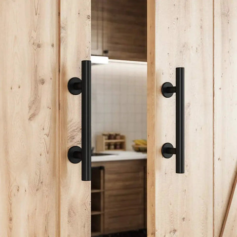 Two Piece Twelve Inch Pull And Flush Barn Door Handle Set In Black For Gates Garages Sheds And Furniture Rustic Two Sided Design