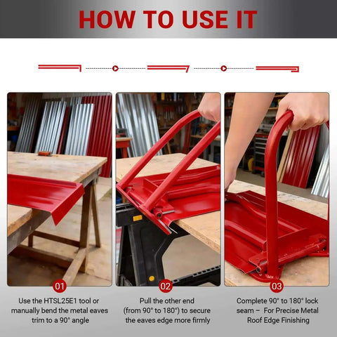Step-by-step guide of Eaves Seam Bender for Roofer Pros and Metal Fab Pros in use, showing 90 to 180 Degree Final Fold process.