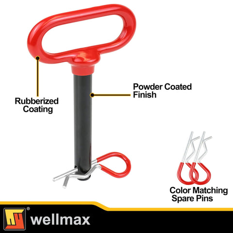 Five Eighths Inch Trailer Hitch Pin Set With Four Inch And Five And One Half Inch Shanks Zinc Plated Rubber Vinyl Grip Handles Includes Four Clips Fits Two Inch Receivers No Hassle Towing Accessory For Easy Install And Secure Fit with red rubberized grip and powder-coated finish.