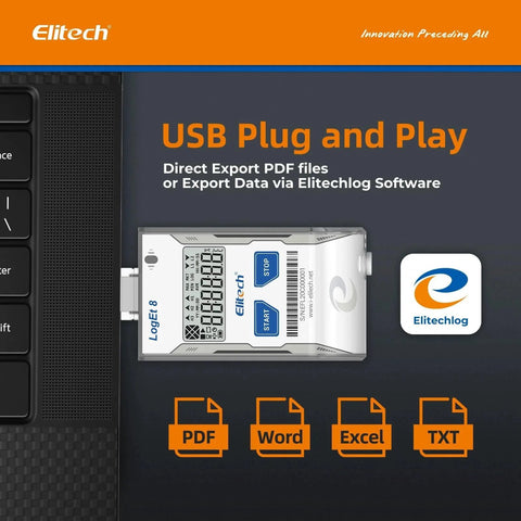 Reusable USB Temperature Data Logger Elitech For Cold Chain, High Accuracy Sensor displayed with PC connection and export options.