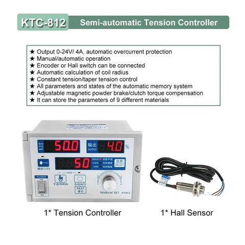KTC-812 Semi-automatic Tension Controller with Hall Sensor displayed against a white background showing features and specifications.