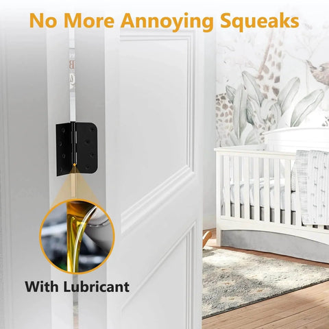 3 Pack 4 Inch Black Door Hinges With Square And Five Eighths Radius Corners installed on a white door, lubricated for no squeaks