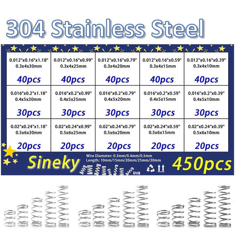 Sineky 450pcs stainless steel compression springs assortment kit, 15 sizes, 10–30 mm length
