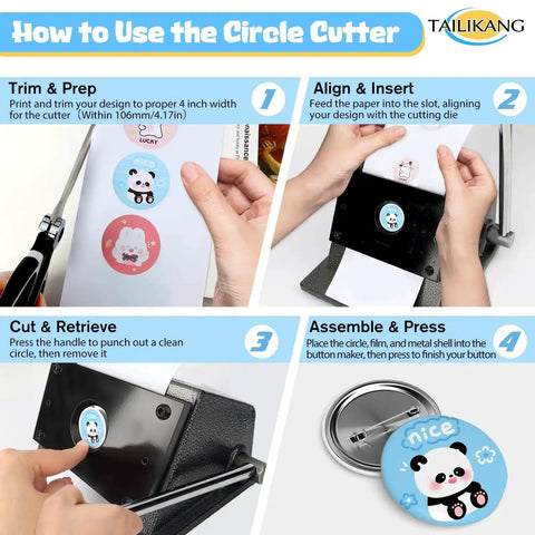 Instructions for using Heavy Duty Manual Lever Circle Punch And Button Cutter for DIY badges with 35mm circle cut.