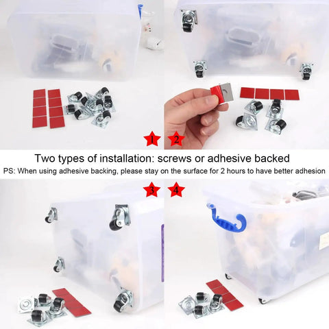 Half Inch Mini Swivel Caster Wheels With Steel Top Plate Self Adhesive Nylon Rolling Casters For Furniture And Small Appliances Low Profile 55 Lb Load Capacity Ideal For Storage Boxes Bins Toy Carts 8 Pack, showing installation options of adhesive backing and screws on a storage box.