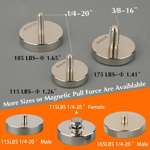 Top view of MUTUACTOR neodymium magnets with 1/4-20 male studs and rubber coating; four magnets for camera, LED lighting, tripods.