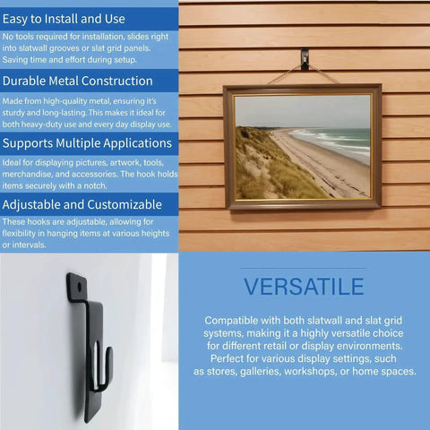 Black Slatwall Notch Hook 5 Pack Metal Picture Hanger displaying picture on slatwall, versatile and durable for retail setups