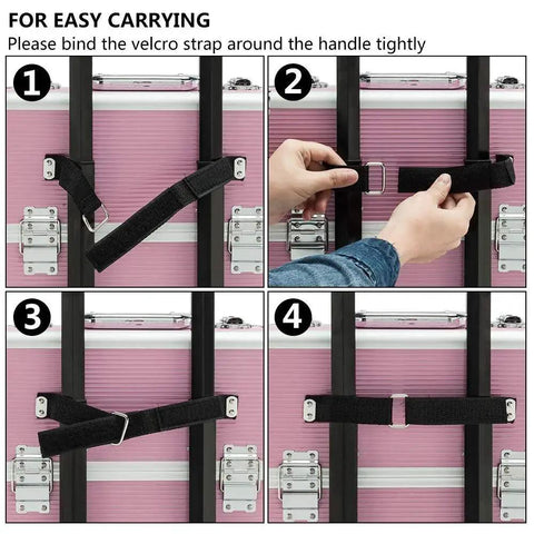 Instruction on using straps on 2 In 1 Rolling Makeup Case For Travel And Studio, Aluminum Frame Cosmetic Train Case with Pink design.