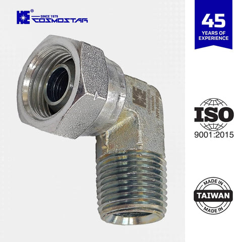 Cosmostar 1/2 in NPTF male x 1/2 in NPSM pipe swivel elbow, 90-degree hydraulic adapter, Taiwan-made