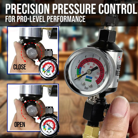LE LEMATEC air regulator with gauge; chrome metal body, inline water separator, 1/4 NPT fitting