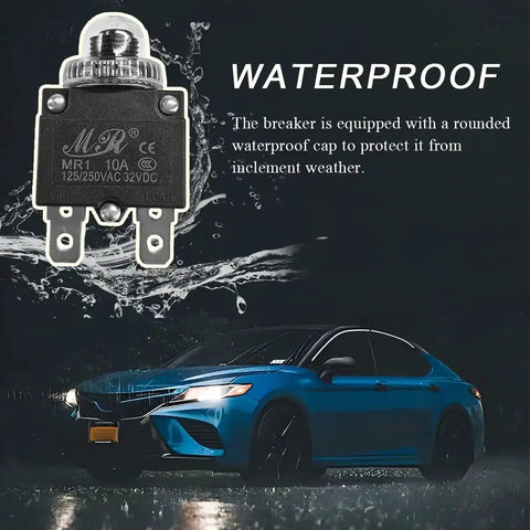 5 Pack Thermal Circuit Breakers 125/250V AC, 32V DC, 10A With Manual Reset Push Button in front of car, waterproof design