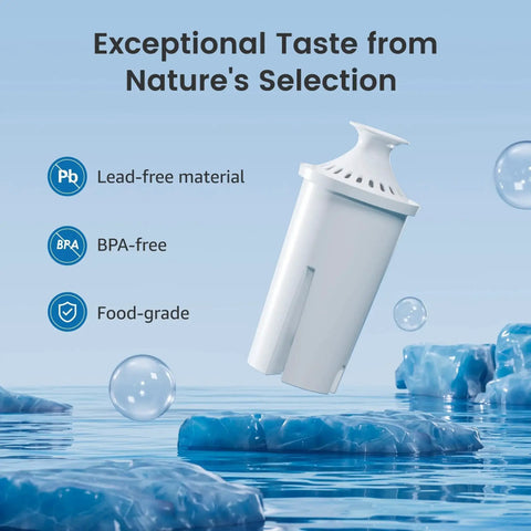 NSF Certified Pitcher Water Filter Replacement For Brita And Mavea 6 Count shown floating above water