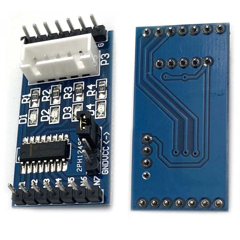 Blue ULN2003 driver board for 28BYJ-48 stepper motor, 5V, Arduino-compatible (front and back views)