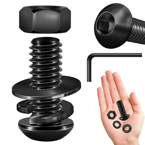 1/4-20 Button Head Socket Cap Bolt Kit With Black Oxide 304 Stainless Nuts And Washers, screws and Allen key displayed in hand