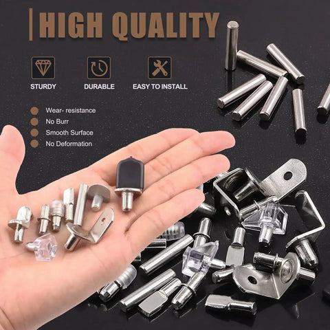 237 Piece Shelf Pins Kit With Nickel Plated Metal Pins Black Rubber Sleeves And 9 Styles Of Bracket Pegs For Cabinets And Bookshelves Fits Shelf Holes Hardware Set For Furniture Repair And Grab And Go DIY Upgrades assorted pieces displayed in hand and on table
