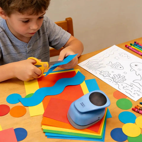 Child using Two And A Half Inch Circle Hole Punch Cutter for paper crafts on colored sheets at a desk.