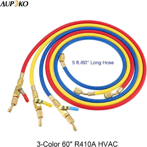 Refrigerant charging hoses, 60in long, three-color red/yellow/blue, brass 1/4 in SAE fittings with ball valves for R410A