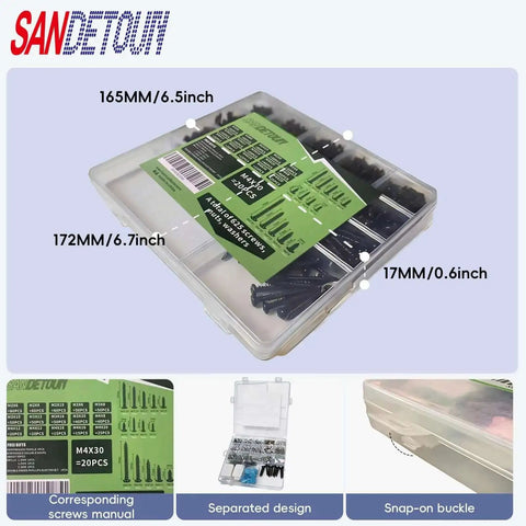 625 Piece Self Tapping Screws Set With 14 Sizes M2 M3 M4 in clear labeled storage box, showing dimensions and separated compartments