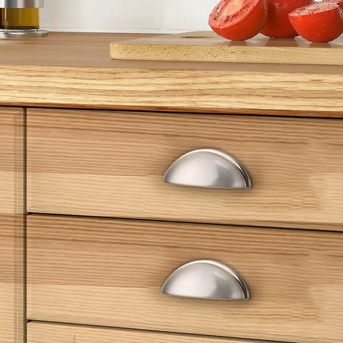 Installed 10 Pack Brushed Nickel Cabinet Pulls Cup Style Drawer Handles And Knobs With 3 Inch Center To Center Holes on wooden drawers