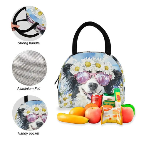 Border Collie Daisy Sunglass Backpack With Insulated Lunch Cooler showing strong handle, aluminum foil lining, and handy pocket.