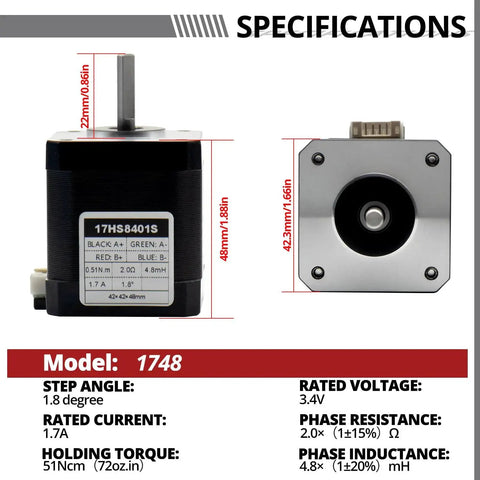 High Torque Nema 17 Stepper Motor For 3D Printers And CNC Machines 42x42x48mm Bipolar 1point7A 72ozin 51Ncm specifications