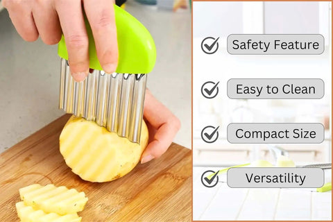Two-Piece Stainless Steel Crinkle Cutter Set For Fries And Wavy Chips Veggies And Fruits – Anti-Slip Ergonomic Handles in use