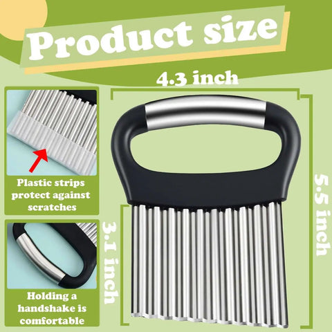 Large Potato Crinkle Cutter FATUXZ Stainless Steel Waffle Fry Slicer for Veggies and Potatoes, ergonomic grip, product size details
