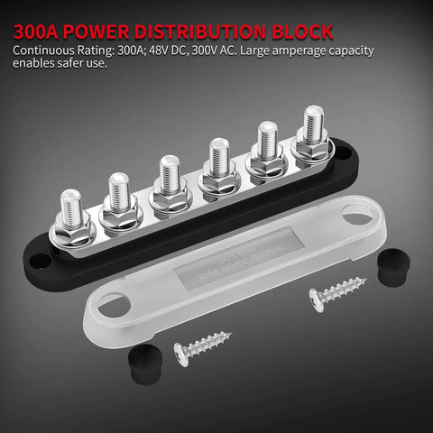 Beefy 300 Amp Bus Bar Terminal Block With Cover For Marine And Automotive Power Distribution, 12V System, Six M10 Terminal Studs, Handles Up To 300V AC Or 48V DC, Positive And Ground Busbars, Car Boat Ready product image showing six M10 terminal studs with protective cover and screws.