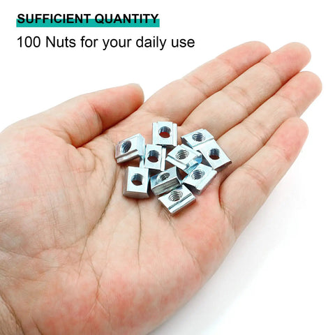 Hand holding 100 Pack Sliding T Nuts For 2020 Series Aluminum Extrusion M5 Thread Hammer Head T Nuts For T Slot 6mm