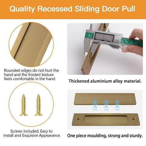 Rectangular Recessed Sliding Door Pulls 2 Pack Champagne Gold Flush Pull Aluminum Alloy with screws, 180mm, shown measuring and details