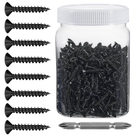 600 Pcs Size Eight By One Inch Black Wood Screws Self Tapping For Furniture Assembly Cabinets Wardrobe DIY Projects Carbon Steel With Black Zinc Plating Built For Home Renovation And Heavy Duty Use in a jar with multiple screws and drill bit.