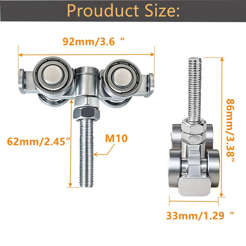 Silent 4-Wheel Unistrut Trolley Assembly For 1-5/8 Inch Wide And Taller Strut Channel side view with product dimensions