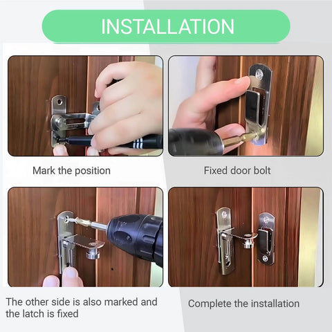 Installation process of 2 Pack Black 90 Degree Stainless Steel Barn Door Latch With End Lock Hook For Privacy And Security shown on wood door.