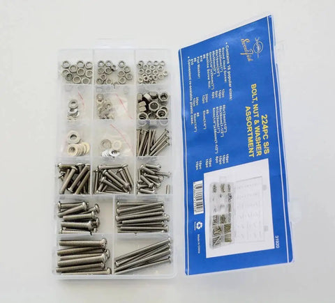 Stainless Steel Nut Bolt And Washer Assortment Kit 224 Piece With Cross Recessed Round Head Screws, flat gaskets, and resealable case