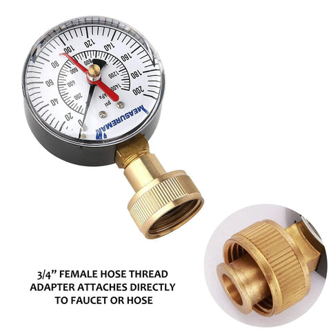Heavy Duty Water Pressure Test Gauge 2-1/2 Inch Dial, 3/4 Inch Female Hose Thread For Quick Checks, 0-200 PSI, brass parts