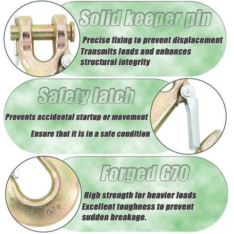 Two Pack Half Inch Clevis Slip Hooks With Safety Latch Forged G70 Steel, golden zinc plated with features: solid keeper pin, safety latch, and forged G70.