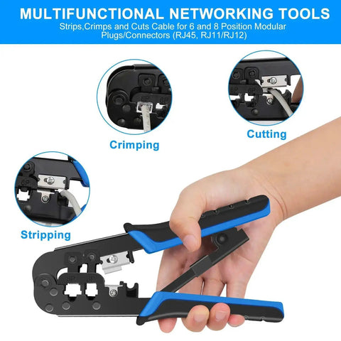 Hand using Pro Grade Ethernet Crimping Kit with 20 RJ45 Connectors Covers Cable Tester and Wire Stripper Universal RJ11 RJ12