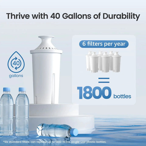 NSF Certified Pitcher Water Filter Replacement For Brita And Mavea 6 Count, showing filter and bottled water comparison.