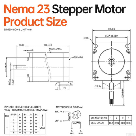 Technical diagram of Powerful Nema 23 Stepper Motor With 1.8 Degree Step 2 Phase High Torque 3Nm Bipolar 4 Wire 57x101mm dimensions.