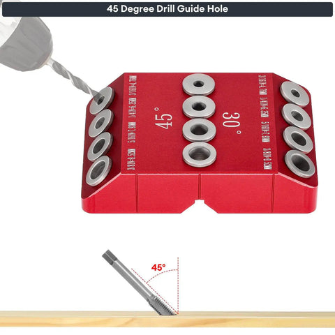 Red 30 45 90 Degree Drill Hole Guide Jig For Angled And Straight Holes with steel sleeves for deck railing and wood posts.