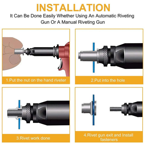 Installation guide for Rivet Nuts Set For DIYers 150 Pcs Carbon Steel With Yellow Zinc Finish, showing riveting steps with gun.