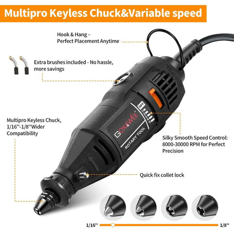 Versatile Rotary Tool Kit With Keyless Chuck And Flex Shaft showcasing keyless chuck and variable speed control features.