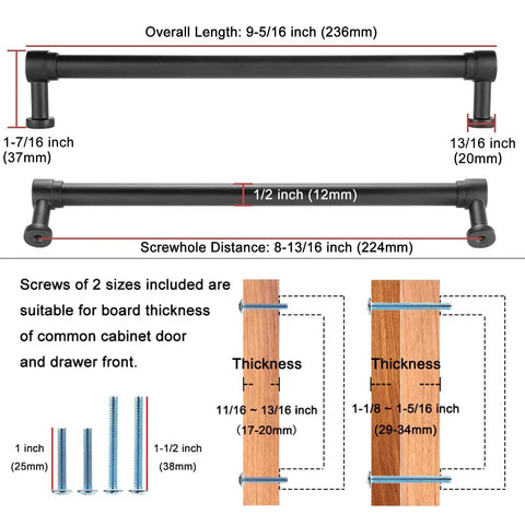 Diagram showing Two Tone Black And Nickel Cabinet Pulls 1 Piece French Style with dimensions and screw sizes for furniture installation.