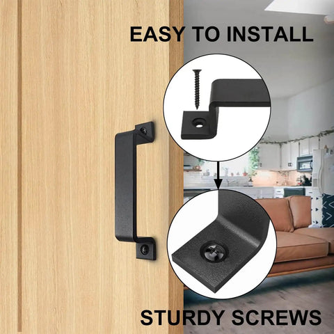 Black Rustic Barn Door Handle Set 6.42 Inch Two Pack For Gates Sheds Garages And Sliding Doors, shown installed with screws.