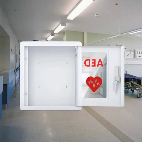 Universal Wall Mounted AED Cabinet Fits All Brand Defibrillators With Clear Window in hospital setting, showing red AED label